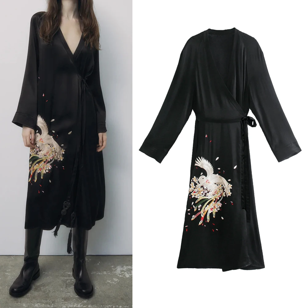 

Женское платье 2021, модное длинное платье с рельефным принтом, элегантное винтажное платье с V-образным вырезом и поясом