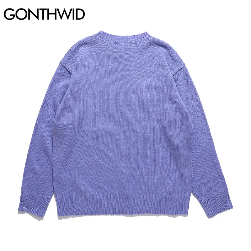 Скидка Свитер GONTHWID в стиле Харадзюку, уличная одежда, с мультяшным принтом собаки, потертый вязаный джемпер с дырками, повседневная трикотажная од...