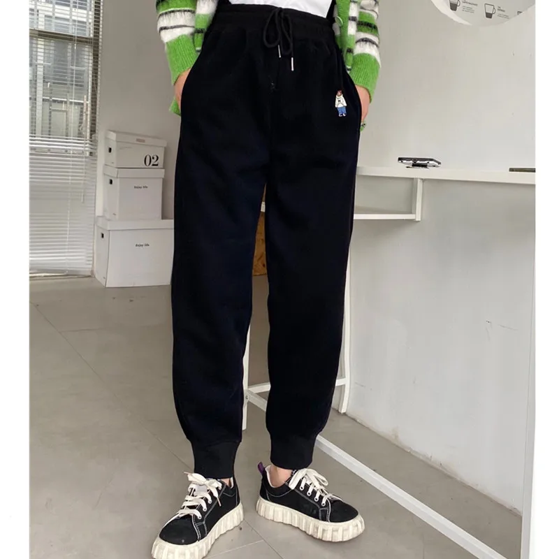 

Winter Women's Thicken Casual Sweatpants Drawstring Cinch Bottom Embroidery Flocking High Waist Harem Pant with Pockets Black