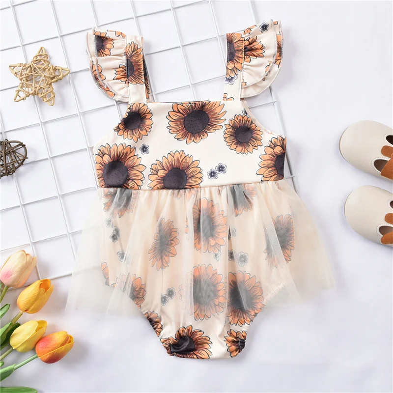 

Baby Girls Breathable Fly Sleeve Romper,Infant Summer Sweet Style Sunflower Printing Mesh Splicing Jumpsuit for Travel Vacation