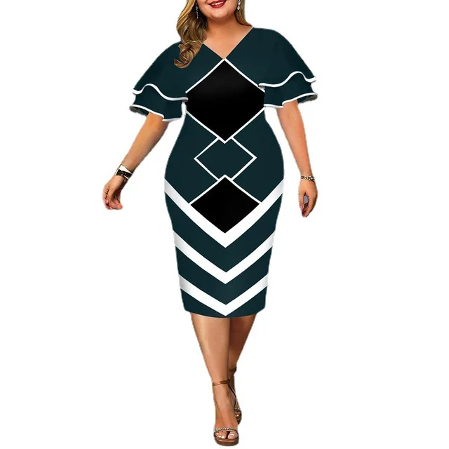 

Women Plus Size Bodycon Dress 2021 Elegant Geometric Print Evening Party Dress Layered Bell Sleeve Casual Dresses Club Outfits