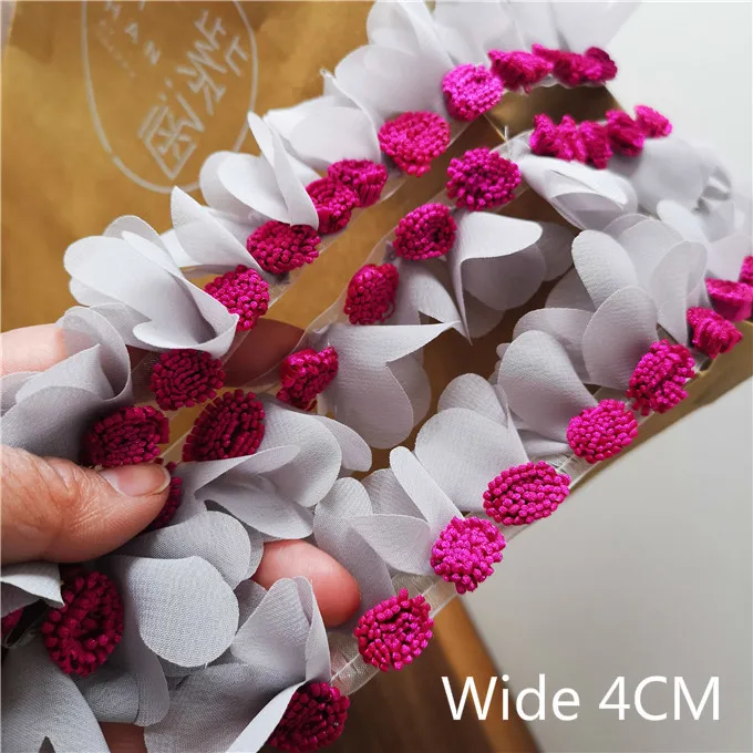 

4CM Wide 3D Rose Flowers Chiffon Lace Fabric Embroidery Ruffle Trim Ribbon Applique Women Dress Collar Sewing Guipure Supplies