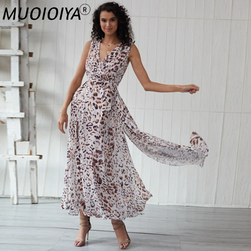 

Женское винтажное длинное платье с леопардовым принтом, новинка 2021, Летние Повседневные платья макси в богемном стиле с высоким разрезом бе...