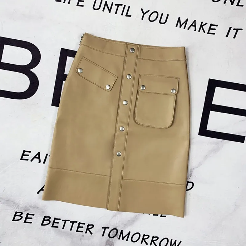 

Roupas Women Genuine Fashion Leather Asymmetric Large Pocket Pencil Skirts Femme Slim Wrap Saia Midi Faldas Mujer Stylish Jupe