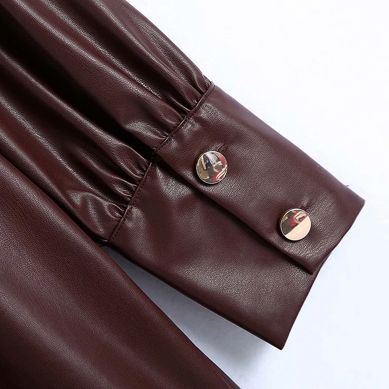 

SeeBeautiful PU Leaher Loose Jacket Coat Stand Collar Long Sleeve Single Breasted New Fashion Spring 2021 Women M264