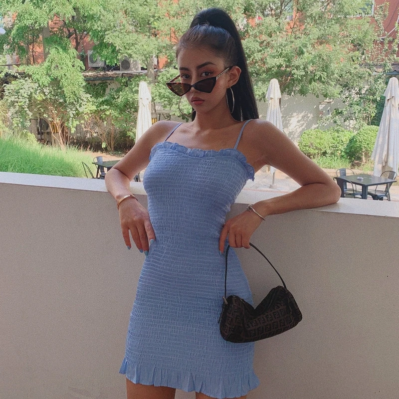 

2021 Summer Dresses Light Pleated Short Sexy Strapless Wrap Dress Ruffled Tight-Fitting Hip Mini Slip Dress Blue