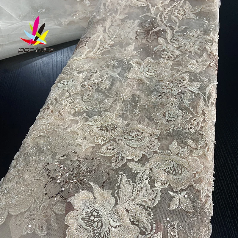 

High Quality 2020 Tulle sequins handmade Beaded French Nigerian Lace Fabrics Pearls Embroidered Guipure African 3d Lace Fabric
