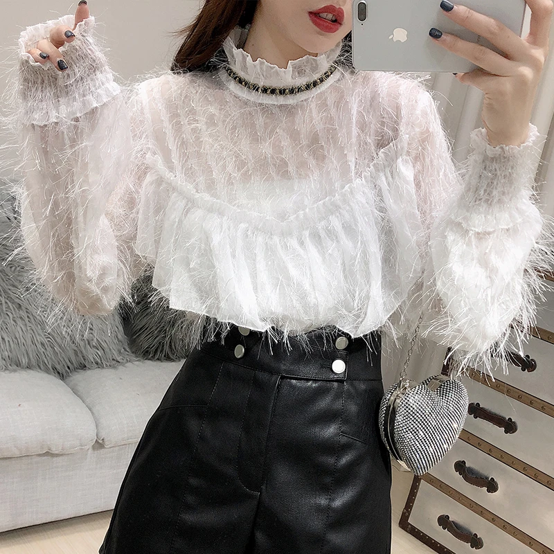 Женская шифоновая блузка с длинным рукавом кисточками и перьями из вуали топы