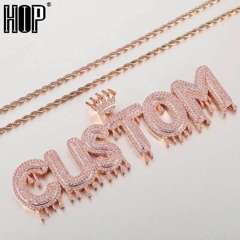 

Hip Hop Custom Name Cubic Zircon Crown Drip Iced Out Bubble Letters Chain Pendants & Necklaces For Men Jewelry With Rope Chain