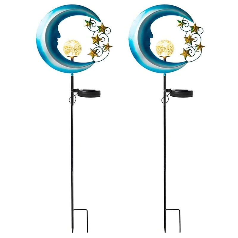 

Stars Moon Solar Lights Outdoor - Solar Powered Garden Lights Decorative Crackle Glass Globe Waterproof Lighting, 2 Pack
