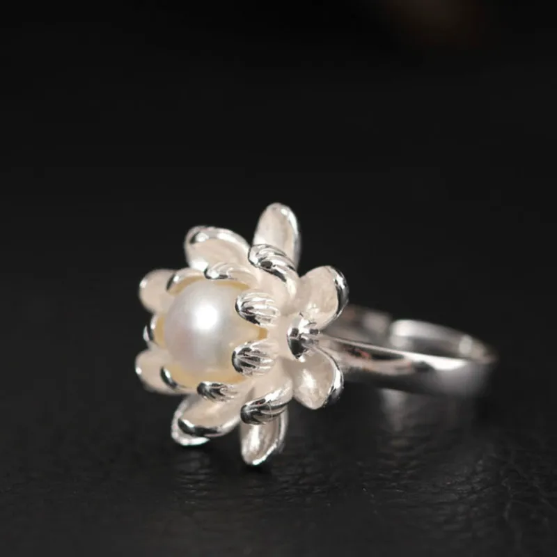 925 Sterling Silver Lapis Lazuli Lotus Flower Open Rings For Women High Quality Fashion Style Lady Freshwater Pearls jewelry | Украшения и