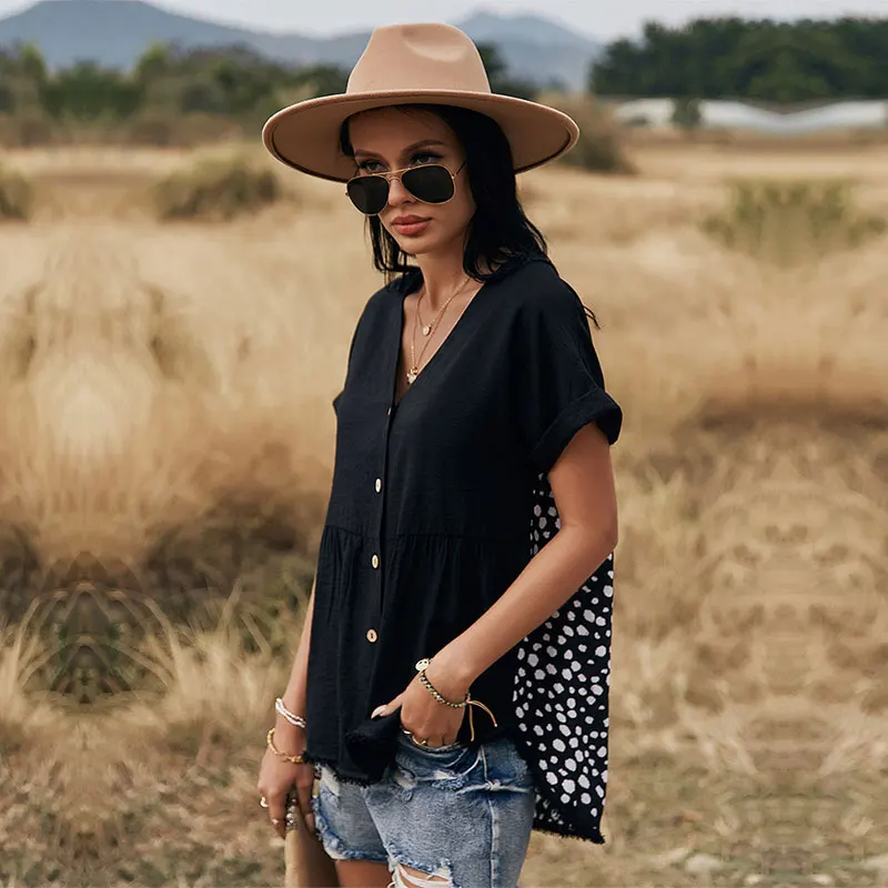 

2021 New Leopard Patchwork Top Women Casual Spring Summer Short Sleeve Blouse Ladies Loose Single Breasted Pullover Tops