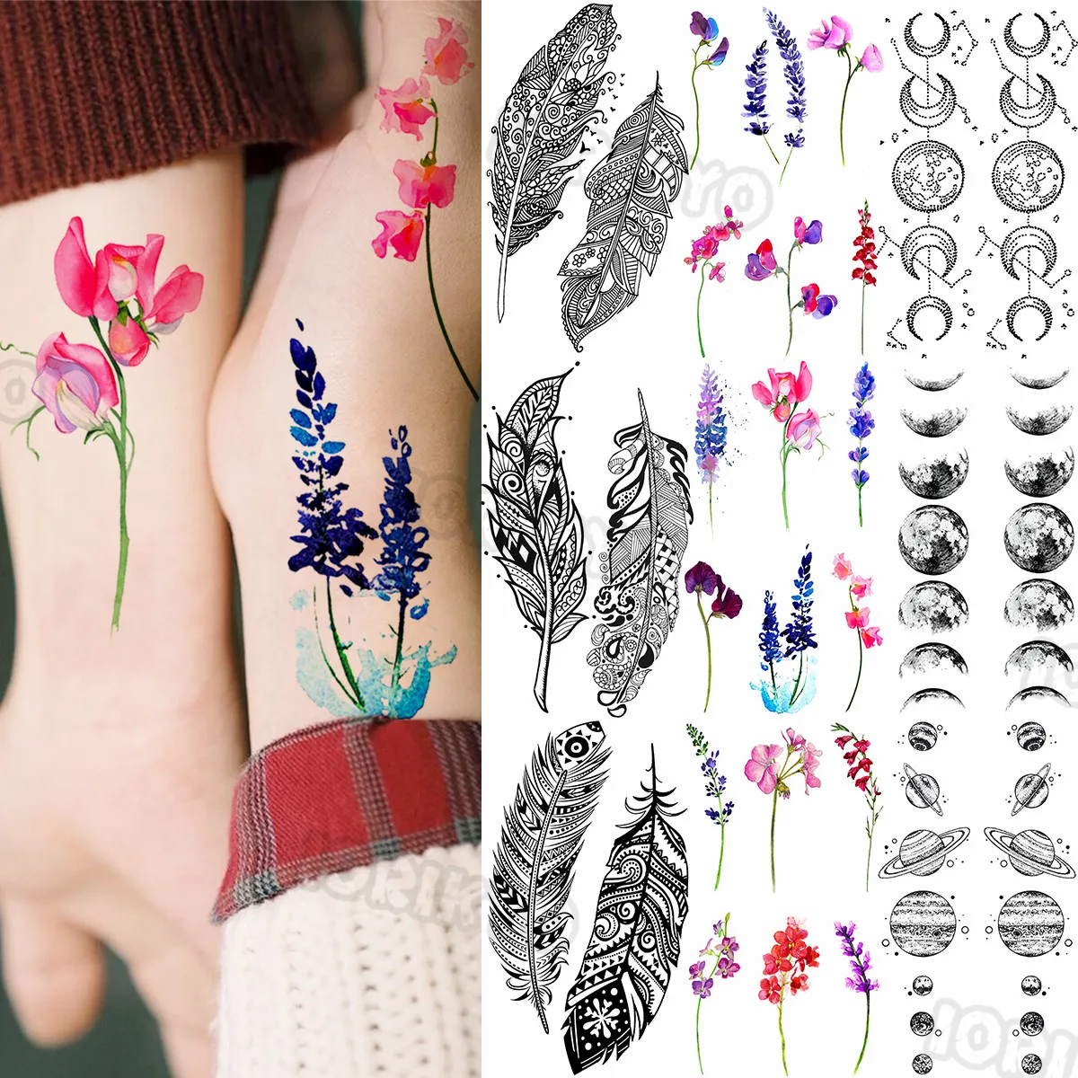 

Цветные временные татуировки с цветами персика для женщин и девушек, реалистичные наклейки для внешнего пространства с перьями, наклейки д...