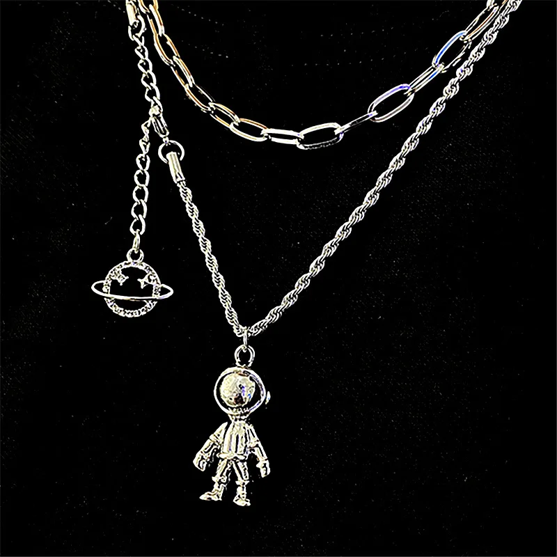 

Astronaut pendant double-layer Necklace titanium steel sweater chain hip hop men women overlapping clavicle chain