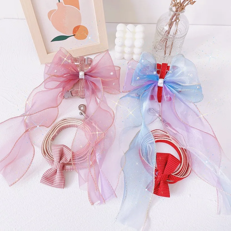 

8 Colors Dog Cat Harness Leash Lightweight Flower Fairy Ribbo Dog Clothes with Leash Puppy Outdoor Dress for Small Dog Cats