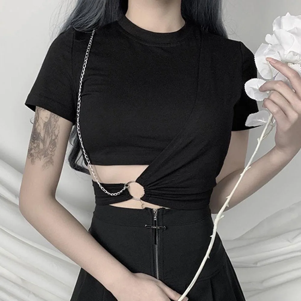 

2021 Korean Fashion Solid Color Round Neck Summer New T-Shirt High Waist Navel Hollow Out Design High Street Summer
