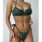 Купальник женский GNIM, V-образный вырез, комплект бикини с принтом листьев дерева, бандо, купальник из 2 предметов, бандаж, стринги, бразильский купальник, халтер, бикини, 2021