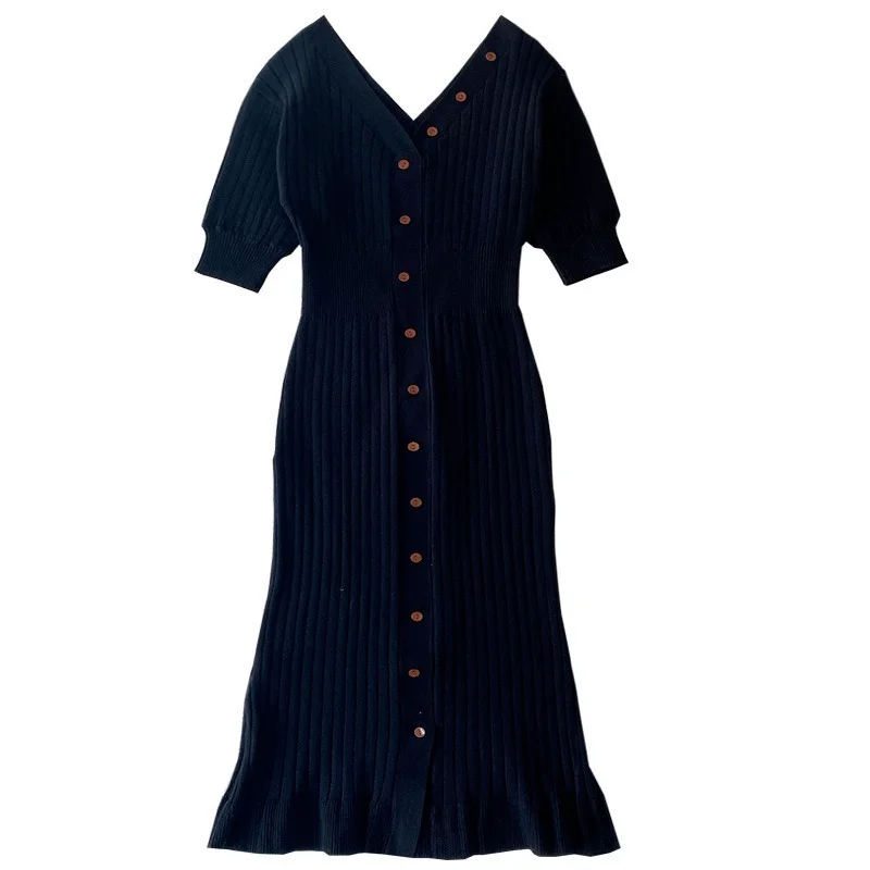 

Temperament V-neck Knitted Dresses for Women Elegant Slim Waist Party Club Dress Women Short Sleeve Knit Vestido De Mujer