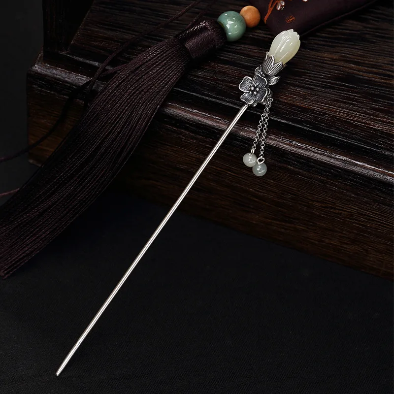 

Eastern Elegant Magnolia Natural Jade Hair Jewelry Women Vintage Thai Silver Flower Hair Sticks 925 Silver Hair Forks Tassels