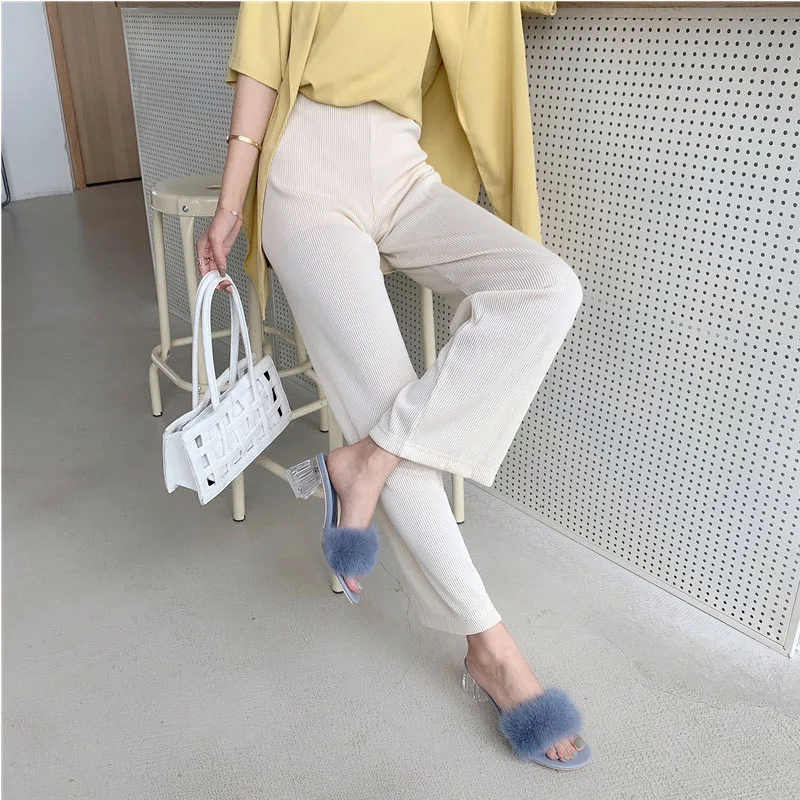 

Autumn Women Shoes Women Real Fur Slipper High Quality Mink Hair Sandal Ladies Square Crystal Heel Fashion Casual Plush Shoes