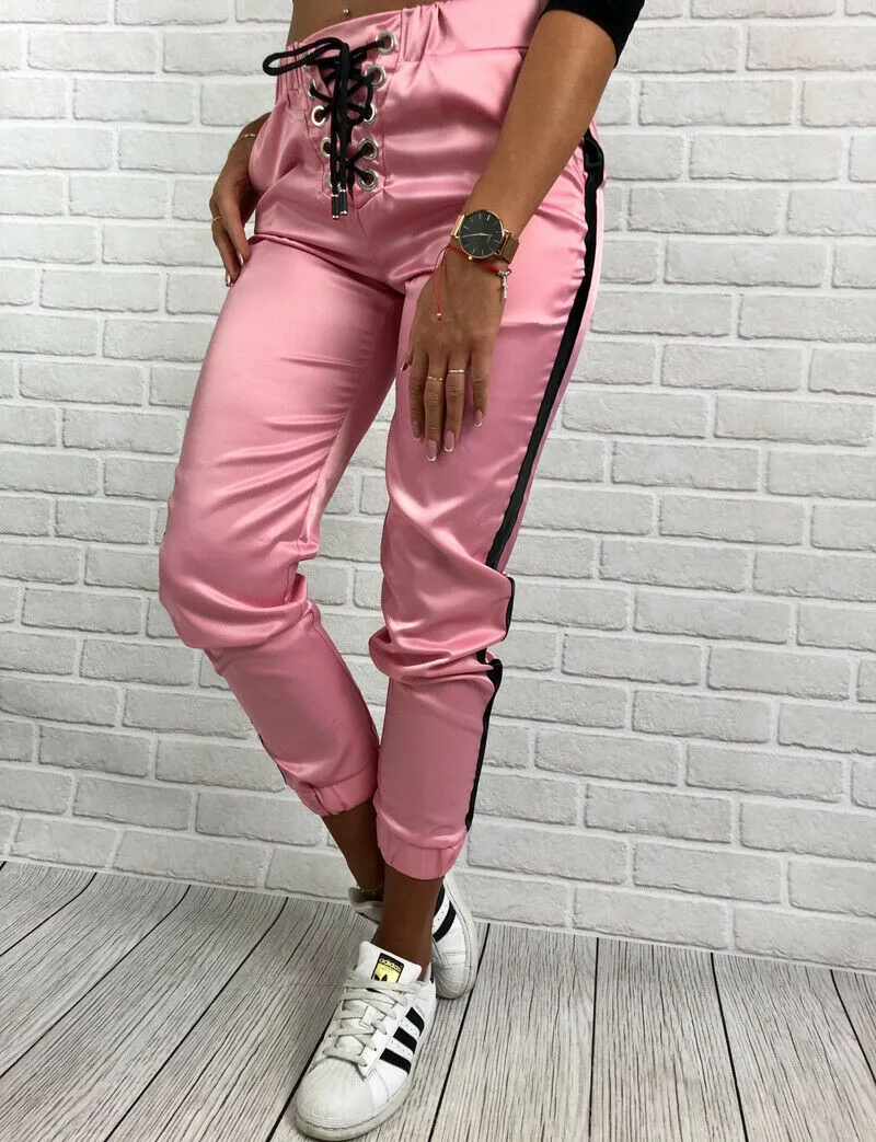 

Women Skinny Long Trousers OL Casual Bow-knot Fashion Slim Comfy Pants High Waist Loose Causal Sports Side Striped Patns Trouser