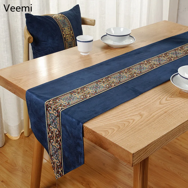 New Chinese Style Embroidery Solid Red Table Runner Simplicity Blue Flag Cover Decoration for Dining with Tassels | Дом и сад