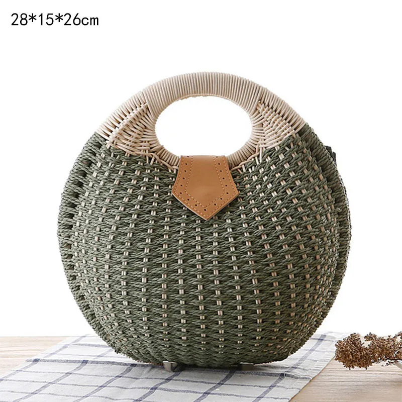 BT501Green Соломенная Сумка, женская сумка, пляжная сумка через плечо, ручная работа, тканая, летняя, для путешествий, для дам, круглая, из ротанга, сумки, женские сумки - Цвет: BT501Green