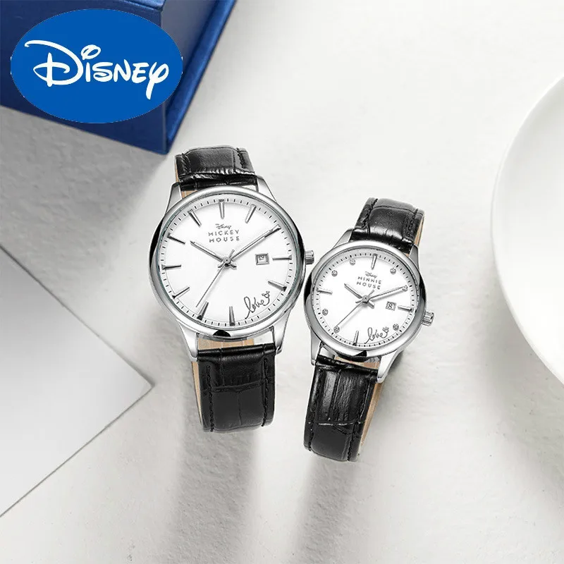 original Disney Fashion Simple Couple Watch Mickey Calendar Leather Waterproof Quartz Watch For Men And Women Couple Watch