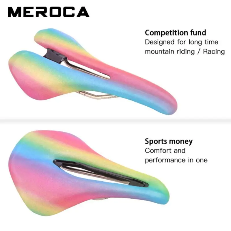 

MEROCA Mtb Road Bike Seat Cushion Hollow Breathable Non-slip PU Rainbow Bicycle Saddle Bike Bright Color Saddle Bike Accessories