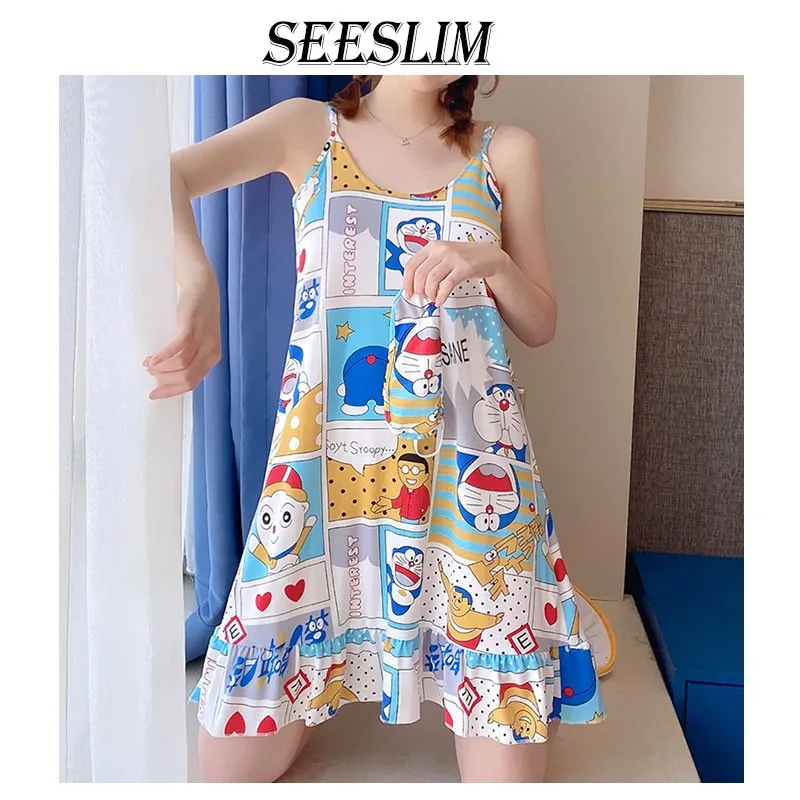 Пижама женская Seeslim с мультяшным принтом милая ночнушка Doraemon летняя ночная