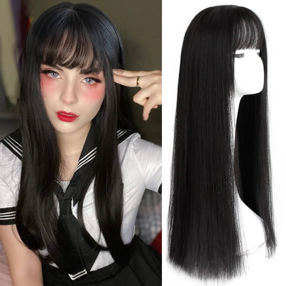 

HOUYAN Long straight hair synthetic wig black and white comic bangs girl cosplay Lolita daily party natural wig