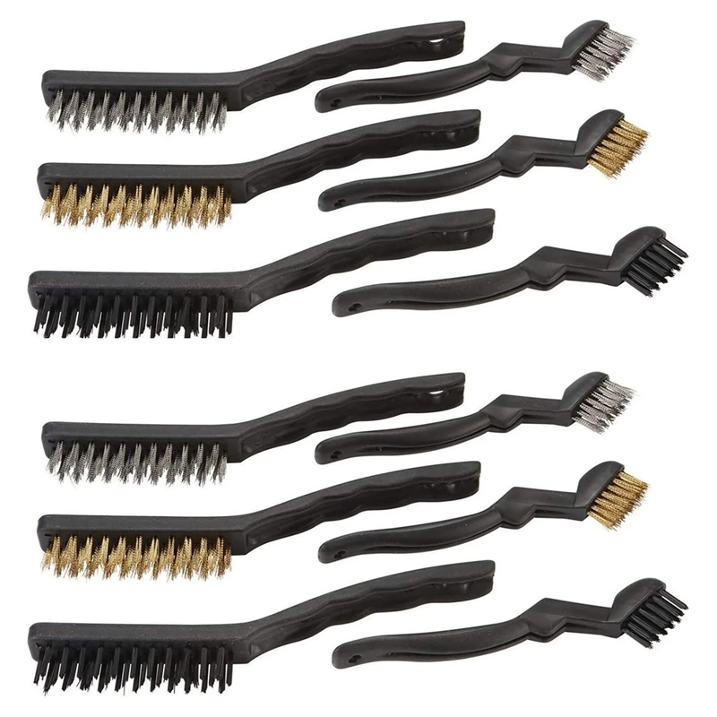 

Wire Brush Set 12Pc 7 and 9 Inch Nylon/Brass/Stainless Steel Bristles PP Handle Grip for Rust Dirt & Paint Scrubbing