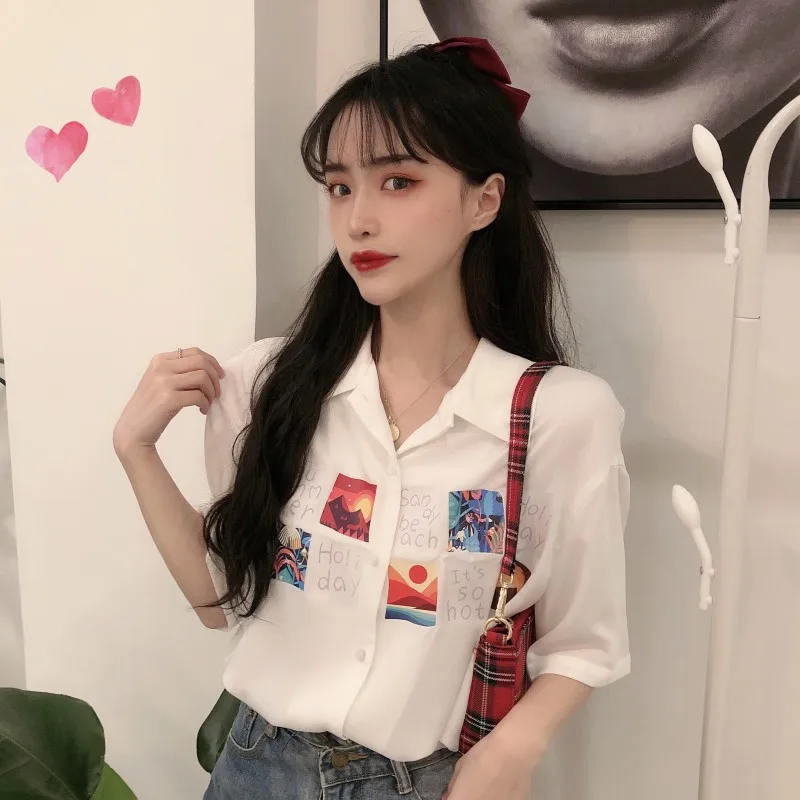 

Women's Clothing Loose Print Preppy Style Blouses Ladies Tops Fashion Brand Sweet Summer Shirts Korean Clothes Hipster New