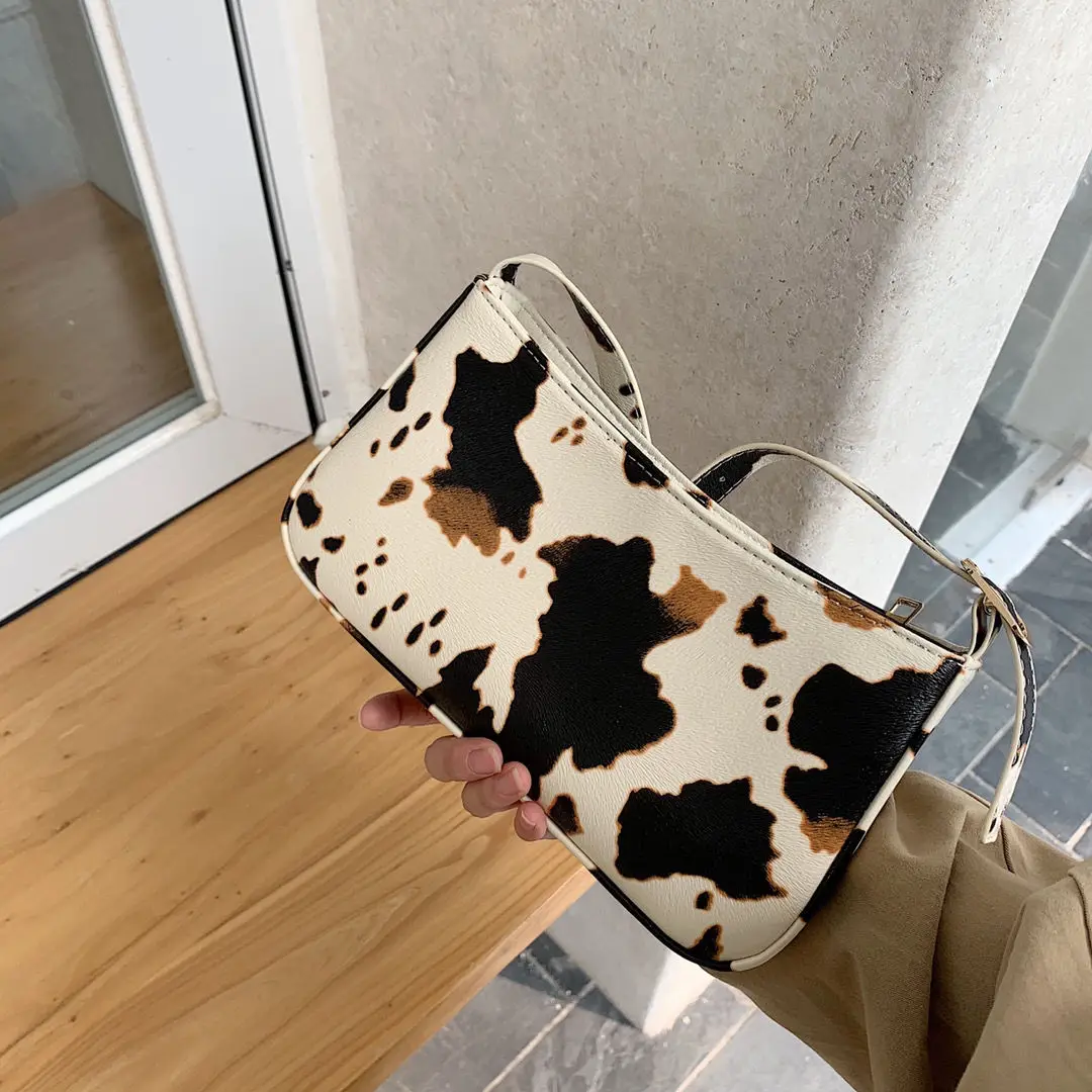 

Retro Cow Pattern Cool Girls Underarm Bag Fashion Design Ladies Shoulder Handbags Vintage PU Leather Female Small Messenger Bags