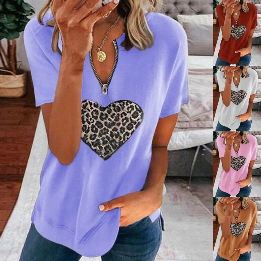 

Women Fashion Loose Casual short sleeves Floral print V neck Love print zipper summer tshirt tops blouses