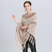 swyivy womens cloak shawl tassel pullover sweater striped color matching o neck knitted poncho shawl outwear cape poncho shawl