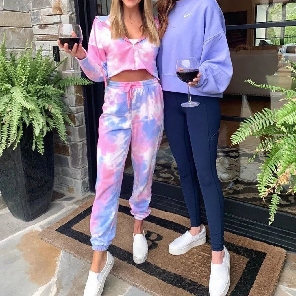 

Модный женский Повседневный домашний костюм с градиентным принтом, Короткие свитшоты на молнии с капюшоном и длинными рукавами, штаны, спор...