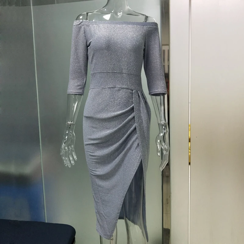 BUENOS Sexy Off Shoulder Party Dress Women High Slit Peplum Bodycon Autumn Three Quarter Sleeve Bright Silk Shiny | Женская одежда