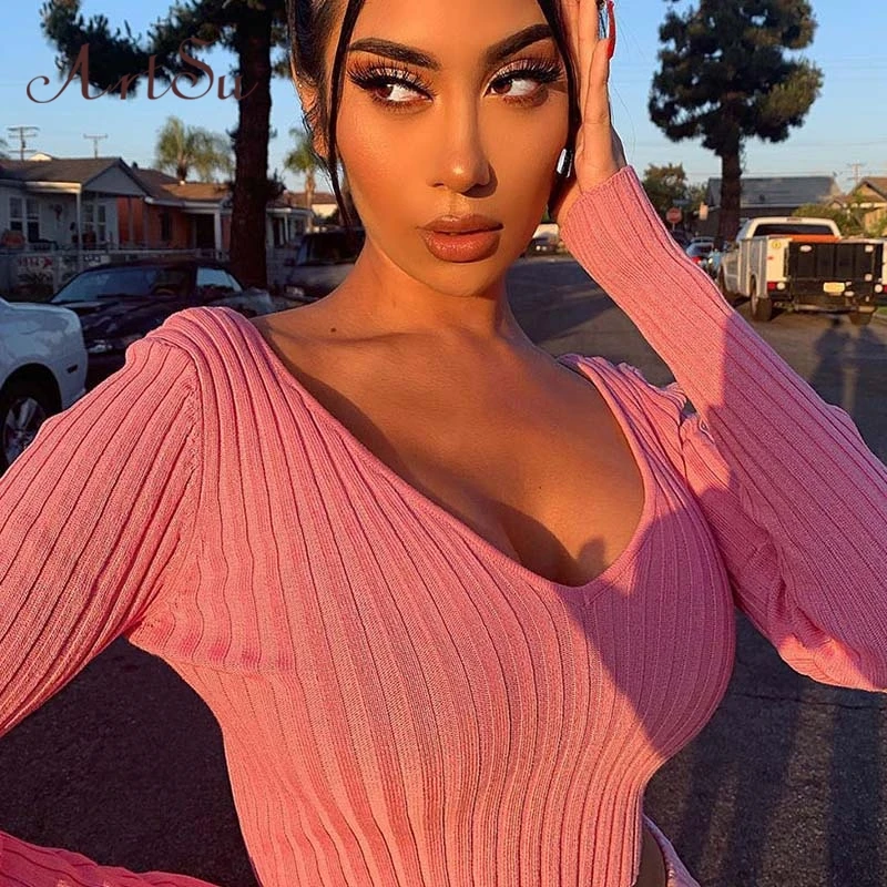 Женский ребристый Топ ArtSu Осенний сексуальный топ с v образным вырезом и длинным