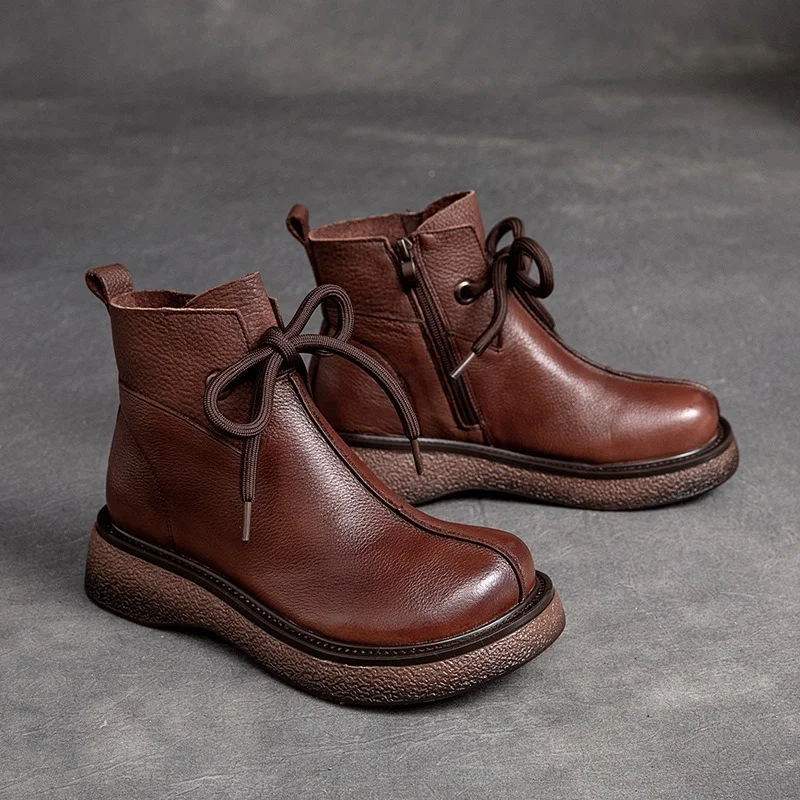 

Women's Short Boots Autumn and Winter New Leather Shoes Women's Boots Round Toe Flat Bottom with Zipper Simple Thick-soled Boots