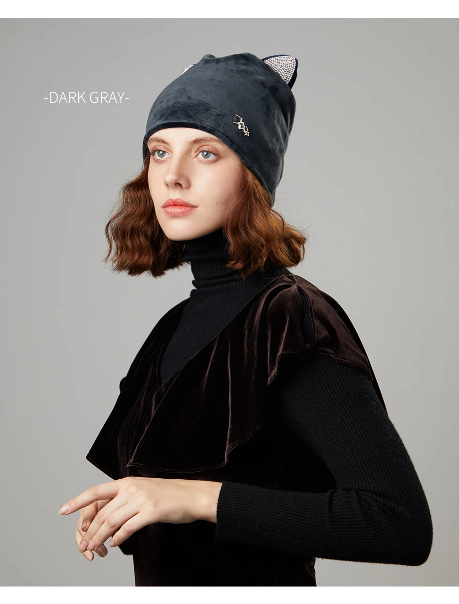 Зимняя женская шапка, s, милая шапочка с кошачьими ушками, Vogue, со стразами, чистый цвет, женские шапки, бренд, осень, для улицы, для девушек, бини, Повседневная шапка