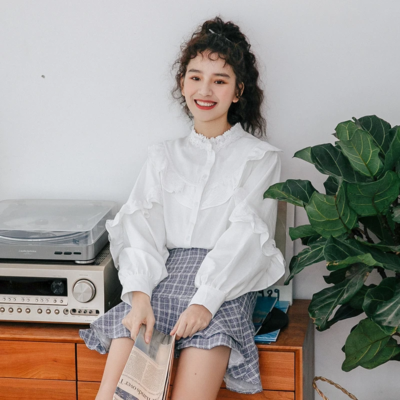COIGARSAM 2019 Новая Осенняя Милая Маленькая прозрачная (магазин) женская рубашка белая