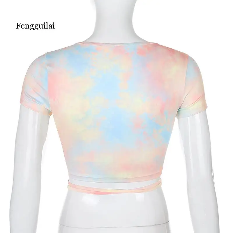 

Streetwear Tie Dye Printed Tee Shirt Women Summer Sexy Lace up V-neck T-shirt Fashion Skinny Women's Crop Top