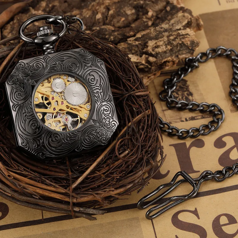 

Retro Carved Chinese Beast Hollow Vintage Mechanical Pocket Watch Men Square Luckly Skeleton Fob Pendant Watches Steampunk Clock