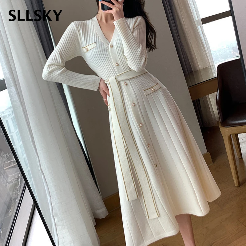 

Женское трикотажное платье-свитер SLLSKY, однотонное облегающее платье средней длины с V-образным вырезом, однобортное женское платье на шнуро...