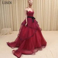 new simple formal party sweetheart pleated corset open back burgundy tulle tiered black belt ball gown prom dresses fashion