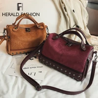 herald fashion large quality leather female crossbody bag new women top handle bags with rivets vintage motorcycle tote bags sac