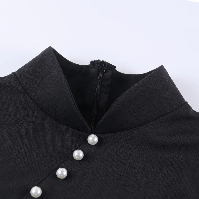 

Black Dark Goth Women Dress 2020 Lady Pearl Split Hip Stand Neck Gothic Mini Punk Cool Sexy Slim Tight Cheongsam Chinese Style