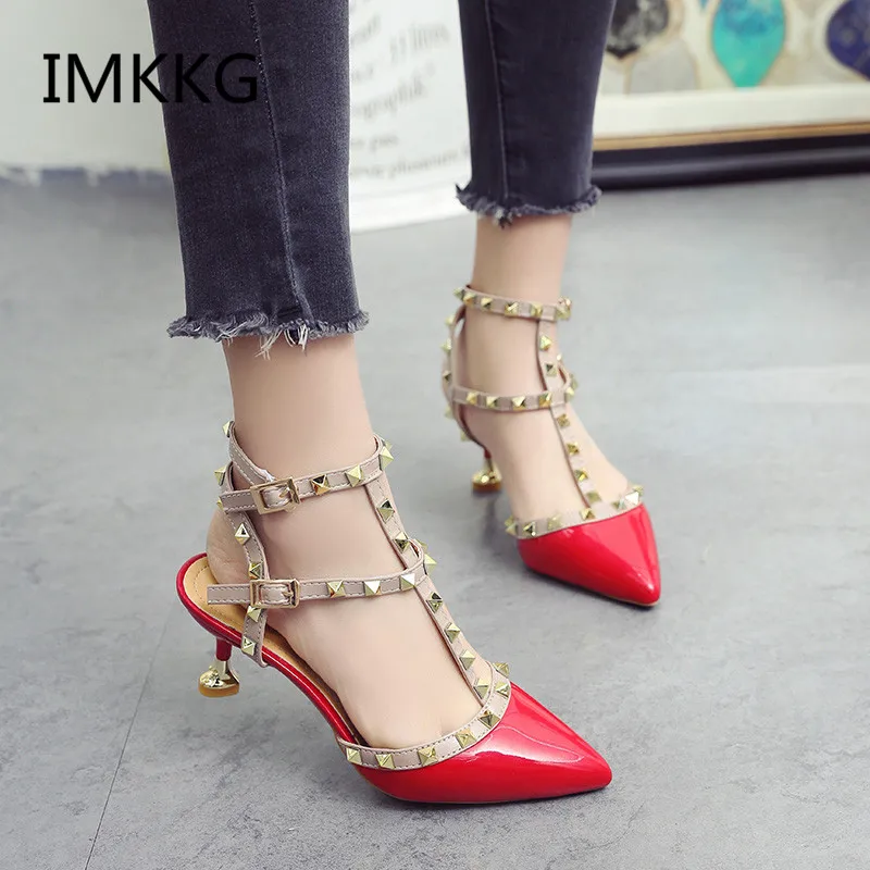 IMKKG/Женская обувь; Новинка года; chaussure femme zapatos mujer; туфли с заклепками на ремешках; женские туфли-лодочки; женская обувь на высоком каблуке; S507