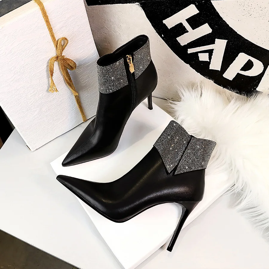 BIGTREE Boots Autumn Winter Shoes New Women Boots Shiny Rhinestones Women Ankle Boots Pointed Toe High-heel Boots Stiletto Heels